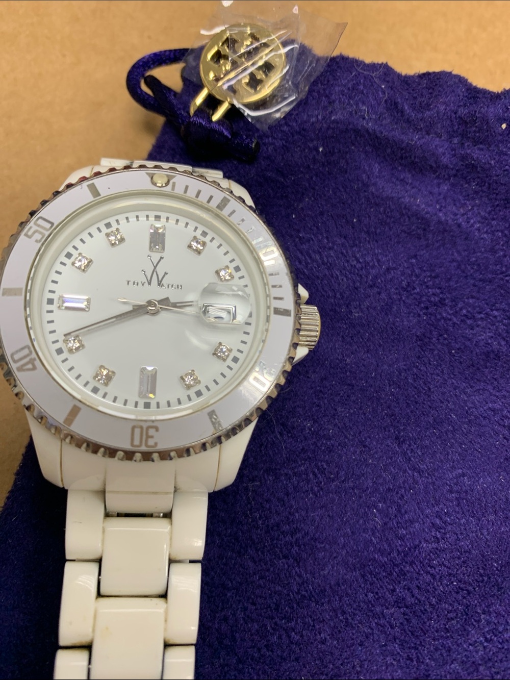 Tory Burch White Ceramic Bracelet Watch with Crystal Markers and Silver Accents